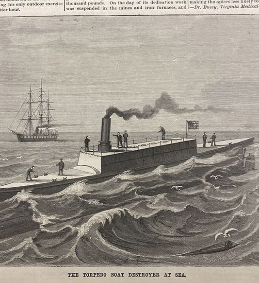 Torpedo boat Destroyer, designed and built by John Ericsson, steel-engraving, Scientific American, vol. 60(12), p. 183, Mar. 23, 1889 (The Linda Hall)