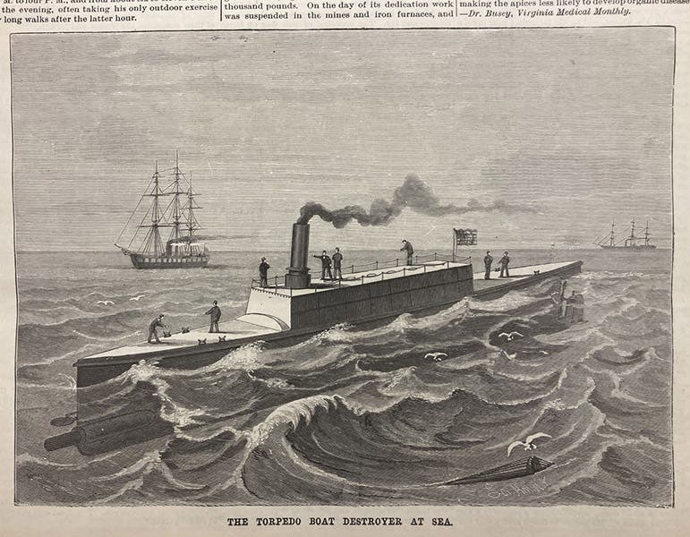 Torpedo boat Destroyer, designed and built by John Ericsson, steel-engraving, Scientific American, vol. 60(12), p. 183, Mar. 23, 1889 (The Linda Hall)