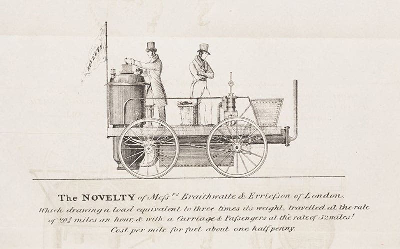Novelty, with John Braithwaite and John Eicsson aboard (we don’t know which is which), detail of center panel of lithograph in Mechanics' Magazine, Register, Journal, and Gazette, vol. 12, p. 236, Nov. 28, 1829 (mounted following p. 114 in our copy) (Linda Hall Library)