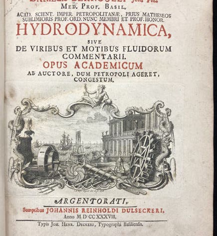 Title page with engraved vignette, Hydrodynamica: sive de viribus et motibus fluidorum commentarii, by Daniel Benoulli, 1738 (Linda Hall Library)