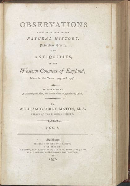 Title page, Observations Relative Chiefly to the Natural History, Picturesque Scenery, and Antiquities of the Western Countries of England, by William George Maton, vol. 1, 1797 (Linda Hall Library)