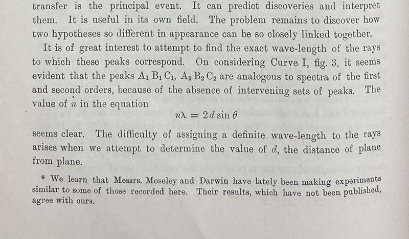 First statement of Bragg’s law, discovered by Lawrence Bragg, relating the wavelengths of X-rays to the size of the crystal lattice target and the angle of incidence, “The Reflection of X-rays by Crystals,” by William H. and W. Lawrence Bragg, Proceedings of the Royal Society of London, vol. 88, p. 436 (Linda Hall Library)