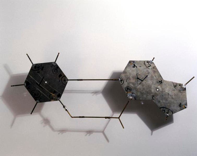 Two of the original aluminum plates used to model the bases in the Watson-Crick model of 1953; here thymine and adenine make up one base-pair, Science Museum, London (collection.sciencemuseumgroup.org.uk)