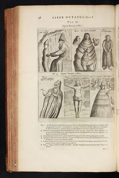 Natural objects, now relics, that resemble Biblical figures, such as John the Baptist and the Pope, text engraving, Athanasius Kircher, Mundus subterraneus, vol. 2, 1665 (Linda Hall Library)