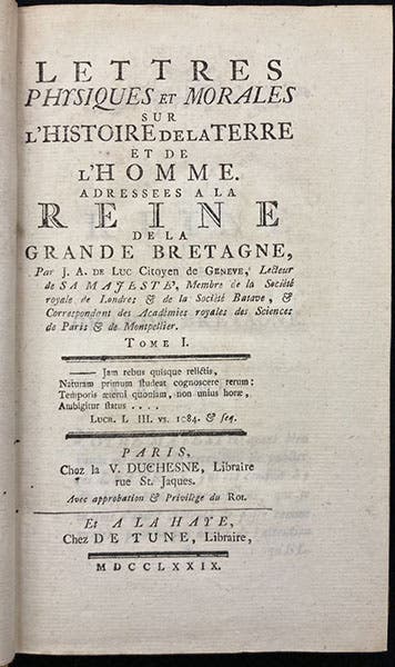 Title page, Lettres physiques et morales sur l'histoire de la terre et de l'homme: Adressées à la Reine de la Grande Bretagne, by Jean-André Deluc, in 5 volumes, vol. 1, 1779 (Linda Hall Library)