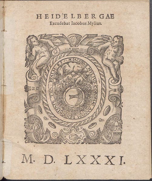 Printer’s mark of Jacob Mylius of Heidelberg, woodcut, colophon, Consideratio & obseruatio cometae aetherei astronomica, qvui anno M D LXXX … in alto Aethere apparuit, by Michael Maestlin, 1581 (The Linda Hall)