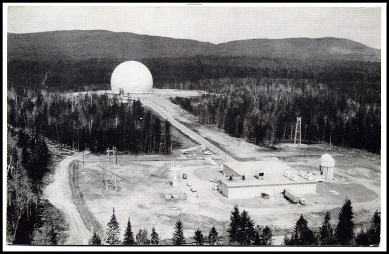 Andover Station, Maine; the giant horn antenna was under the 160-foot-tall Dacron dome in the distance, photograph, 1962, Maine Memory Network (mainememory.net)