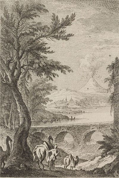 Frontispiece to volume 2 (cropped), Physisk Beskrifning öfver Jord-Klotet, by Torbern Bergman, showing a volcano erupting, perhaps Mt. Hekla in Iceland, 1774 (Linda Hall Library)