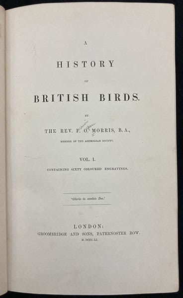 Title page, A History of British Birds, by Francis Orpen Morris, vol. 1, 1851 (Linda Hall Library)