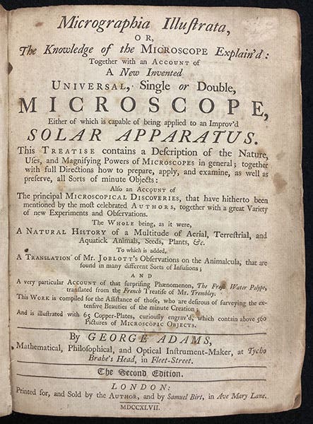 Title page, Micrographia illustrata; or, The Knowledge of the Microscope Explain'd, by George Adams, 1747, gift of Ruth Patrick, with bookplate of Frank Patrick (The Linda Hall)