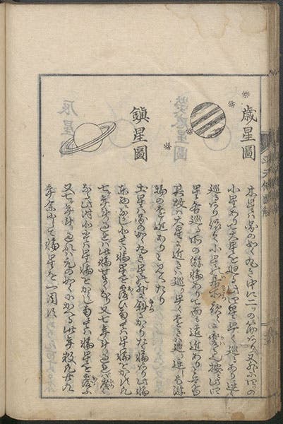 Faces of Saturn and Jupiter, the latter with 4 moons, woodcut, Heitengi zukai, by Iwahashi Yoshitaka, pdf p. 74, 1802 (Linda Hall Library)