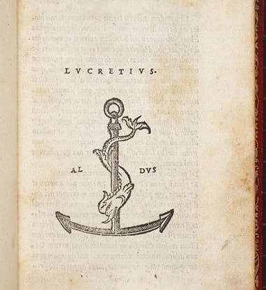 The printer’s mark of the Aldine Press, a dolphin and anchor, with the motto (implied here): festina lente – make haste slowly – in the Aldine edition of Lucretius, De rerum naturae, 1515 (Linda Hall Library)