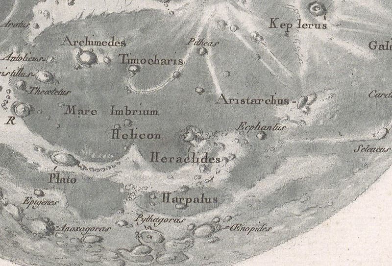 The “Moon Maiden,” embellishment addd by G.D. Cassini to the Heraclides Promontory in the northlands of the Moon, detail of Réduction de la grande carte de la lune de J. Dom. Cassini, broadside engraving, by Jean-Dominique, comte de Cassini, 1788 (Linda Hall Library)