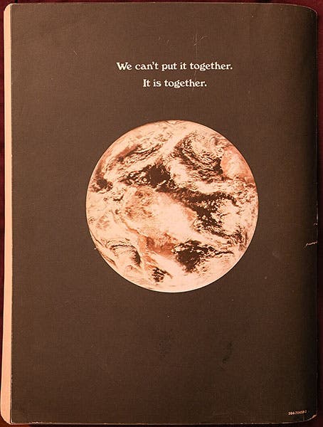 Back cover of the Last Whole Earth Catalog, 1972, saying goodbye to the ATS-3 image of the whole Earth (Wikimedia commons)