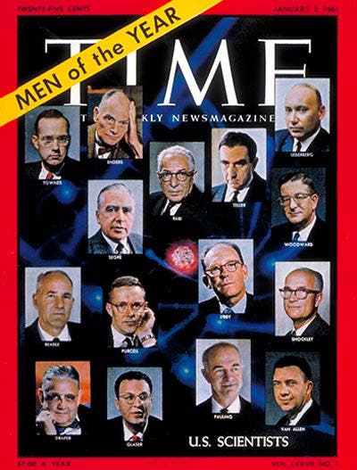 Cover of Time Magazine for Jan. 2, 1961, featuring 15 notable American scientists; George Beadle is at the left of the third row from the top. Four future Nobelists are missing – see text (content.time.com)
