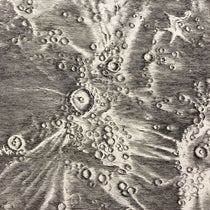 The crater Copernicus in Oceanus Procellarum (Ocean of Storms), just left of center, with crater Kepler at right, detail of "Carte de la lune de Jean Dominique Cassini," drawn by Jean Patigny, 1787 imprint of 1679 engraving, with South at the top (Linda Hall Library)