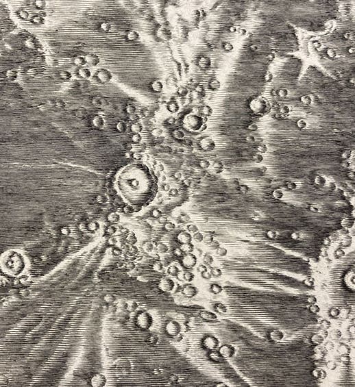 The crater Copernicus in Oceanus Procellarum (Ocean of Storms), just left of center, with crater Kepler at right, detail of "Carte de la lune de Jean Dominique Cassini," drawn by Jean Patigny, 1787 imprint of 1679 engraving, with South at the top (Linda Hall Library)