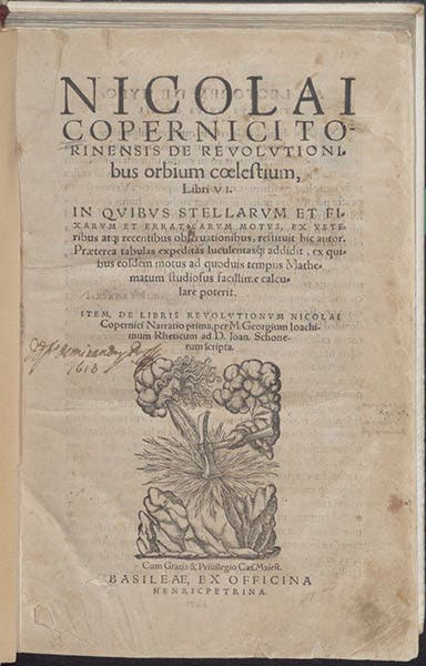 Title page of De Revolutionibus, by Nicolaus Copenicus, with printer’s mark of Officina Henricpetrina, woodcut, 1566 (The Linda Hall)