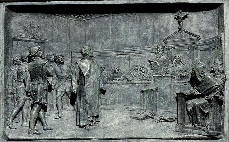 Plaque on the base of the statue of Bruno, showing him defiant before the Inquisition, sculpted by Ettore Ferrari, Campo de’ Fiori, Rome, 1889 (Wikimedia commons)