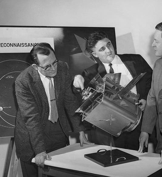 Hal Laning (left), Milt Trageser, and Dick Battin at MIT’s Instrumentation Lab, with their Mars probe of 1959 (wehackthemoon.com)