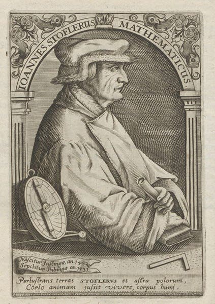 Portrait of Johannes Stöffler, engraved by Theodor de Bry, in Icones quinquaginta virorum illustrium, by Jean Jacques Boissard, vol. 2, p. 274, 1598 (Linda Hall Library)