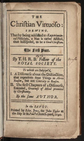 Title page, The Christian Virtuoso, by Robert Boyle, 1690, University of Pennsylvania Libraries (Wikimedia commons)