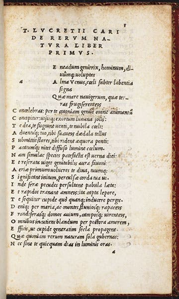 The first page of text in the Aldine octavo edition of Lucretius, De rerum naturae, 1515, showing the italic type that Aldus co-invented (Linda Hall Library)