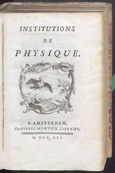 Title page, Institutions de physique, by Émilie du Châtelet, 1741 (The Linda Hall)