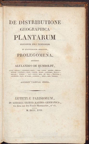 Title page, Alexander von Humboldt, De distributione geographica plantarum, 1817 (Linda Hall Library