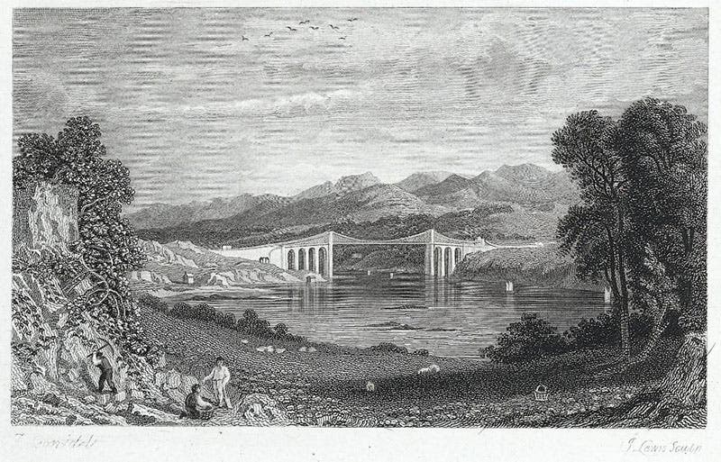 Another contemporary view of the Menai Suspension Bridge, from a distance, etching, 1840, National Library of Wales (Wikimedia commons)