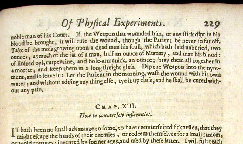 End of the recipe for the weapon-salve, Natural magick, by Giovanni Battista della Porta, p. 219, 1658 (Linda Hall Library)