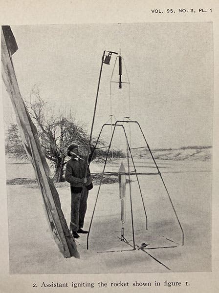No-so-famous photograph of assistant lighting first rocket, launched Mar. 16, 1926, “Liquid-Propellant Rocket Development,” by Robert H. Goddard, Smithsonian Miscellaneous Collections, plate 1, fig. 2, vol. 95, no. 3, 1919 (The Linda Hall)