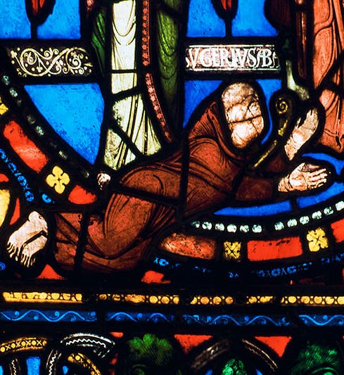 Portrait of Abbot Suger in stained glass, modern photo (Nick Thompson on Flickr)