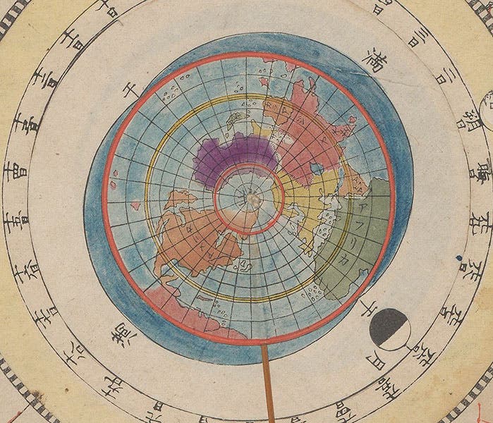 Detail of northern hemisphere of Earth-centered volvelle, hand-colored woodcut, Heitengi, by Iwahashi Yoshitaka, p. 2, 1801 (Linda Hall Library)