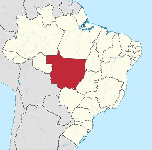 Map showing the location of the state of Mato Grosso within Brazil, where Fawcett searched for his Lost City in 1925 (Wikimedia commons)