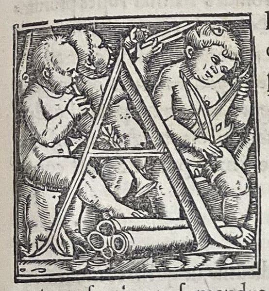 Initial letter “A”, by Hans Holbein, Strabonis geographicorum, p. 271, 1523 (The Linda Hall)
