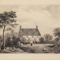 The manor-house of Isaac Newton at Woolsthorpe, with the apple tree fallen and regrowing at right, drawing by Geoge Rowe, 19th-century, Royal Society of London archives (royalsociety.org)