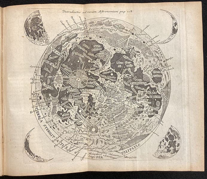 Nomenclature map of the Moon, based on that of Giovanni Battista Riccioli in 1651, engraving by Michael Burghers in Introductio ad veram astronomiam, by John Keill, p. 118, 1718 (The Linda Hall)