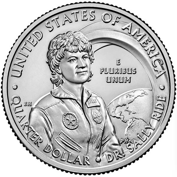 Sally Ride on the reverse of an American Women quarter, first series, issued 2022 (Wikimedia commons)