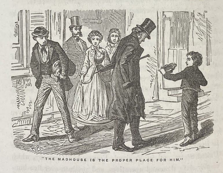 “The Madhouse is the Proper Place for Him,” an impoverished Charles Goodyear in his rubber coat wandering the streets of New York, wood-engraved tailpiece in Great Fortunes and How They were Made; or, The Struggles and Triumphs of our Self-Made Men, by James D. McCabe, p. 300, 1871 (Linda Hall Library)