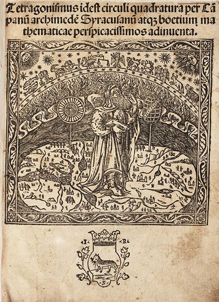 Woodcut title page vignette, depicting Archimedes, Tetragonismus id est circuli quadrature, ed. by Luca Gaurico, 1503 (Linda Hall Library)