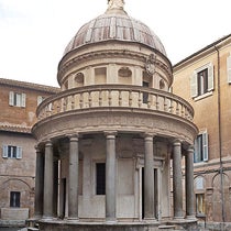 Tempietto, marker of the location of the crucifixion of St. Peter, designed by Donato Bramante, cloister of San Pietro in Montorio, Rome, 1502 (Wikimedia commons)