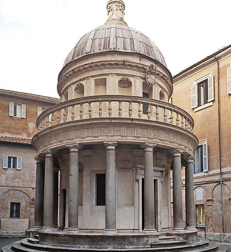 Tempietto, marker of the location of the crucifixion of St. Peter, designed by Donato Bramante, cloister of San Pietro in Montorio, Rome, 1502 (Wikimedia commons)