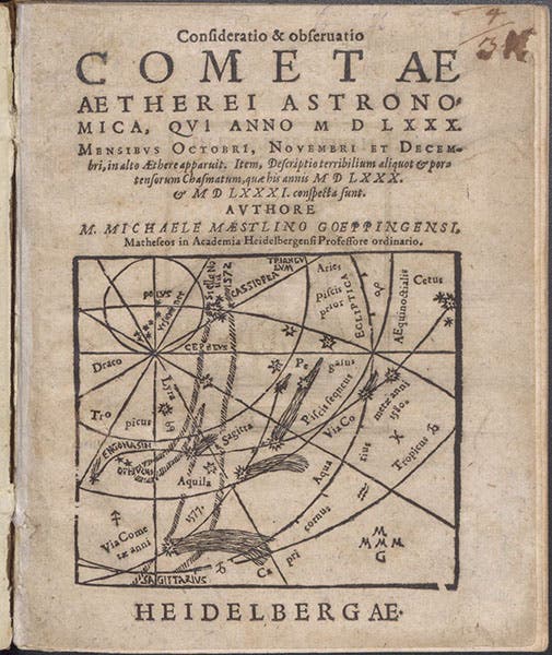 Title page with woodcut comet map, Consideratio & obseruatio cometae aetherei astronomica, qvui anno M D LXXX … in alto Aethere apparuit, by Michael Maestlin, 1581 (The Linda Hall)