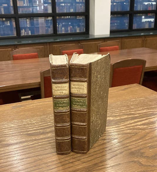 The two volumes of Physisk Beskrifning öfver Jord-Klotet (1773-74), by Torbern Bergman, in the rare book reading room (Linda Hall Library)