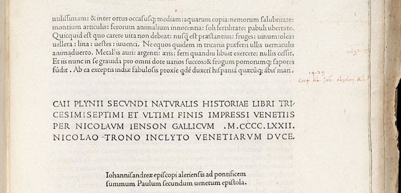Colophon near end, stating that the book was printed in Venice by Nicolas Jenson in MCCCCLXXII (1472), Naturalis historia, by Pliny the Elder (Linda Hall Library)