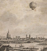 First free ascent of a manned hot-air Montgolfier balloon, Nov. 21, 1783, with Jacques-Alexandre Pilâtre de Rozier and François d’Arlandes on board, viewed from the terrace of Benjamin Franklin in Paris, detail of sixth image (Linda Hall Library)