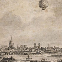 First free ascent of a manned hot-air Montgolfier balloon, Nov. 21, 1783, with Jacques-Alexandre Pilâtre de Rozier and François d’Arlandes on board, viewed from the terrace of Benjamin Franklin in Paris, detail of sixth image (Linda Hall Library)