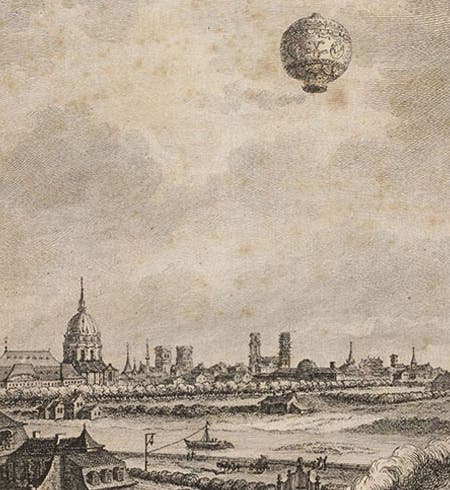 First free ascent of a manned hot-air Montgolfier balloon, Nov. 21, 1783, with Jacques-Alexandre Pilâtre de Rozier and François d’Arlandes on board, viewed from the terrace of Benjamin Franklin in Paris, detail of sixth image (Linda Hall Library)