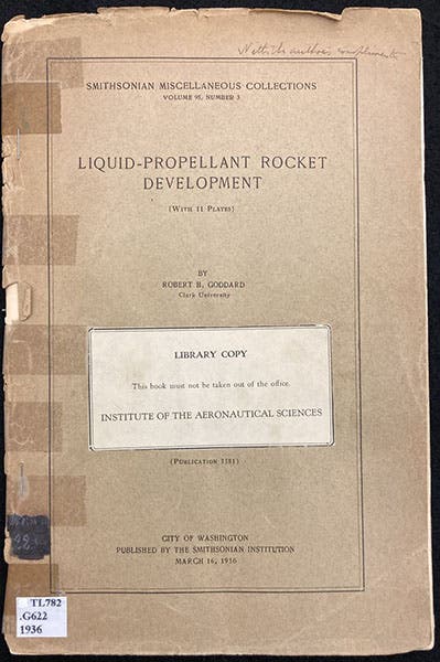 Front cover, “Liquid-Propellant Rocket Development,” by Robert H. Goddard, Smithsonian Miscellaneous Collections, vol. 95, no. 3, 1919 (The Linda Hall)